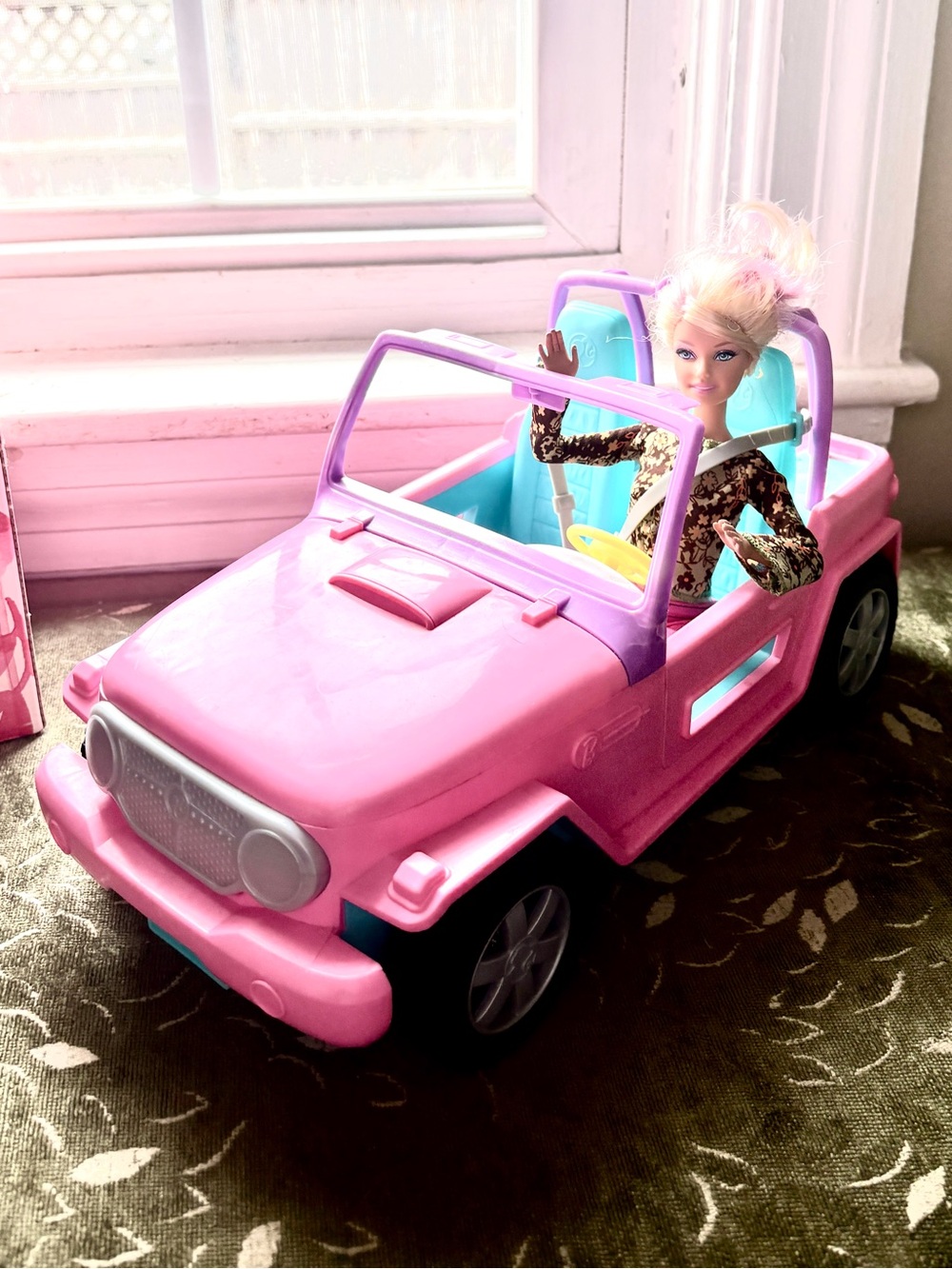 Barbie Jeep and doll.  Pink. Blonde. Clothed